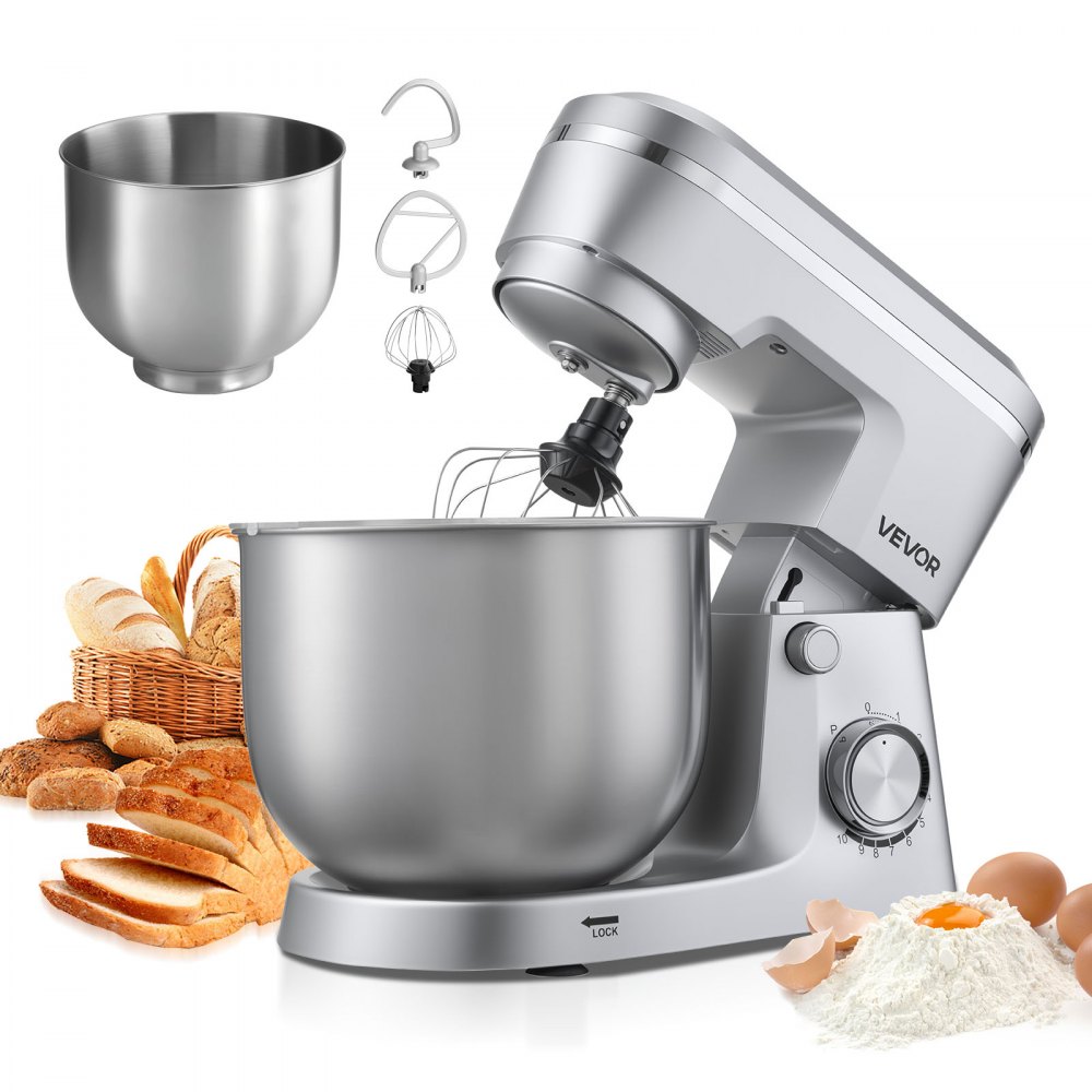 VEVOR Knetmaschine Küchenmaschine zum Backen, 1500 W Teigmaschine mit Edelstahlschüsseln (4,2 + 5,7 L) & Knethaken & Rührbesen & Schneebesen, 10-Gang einstellbare kippbare Rührmaschine Standmixer