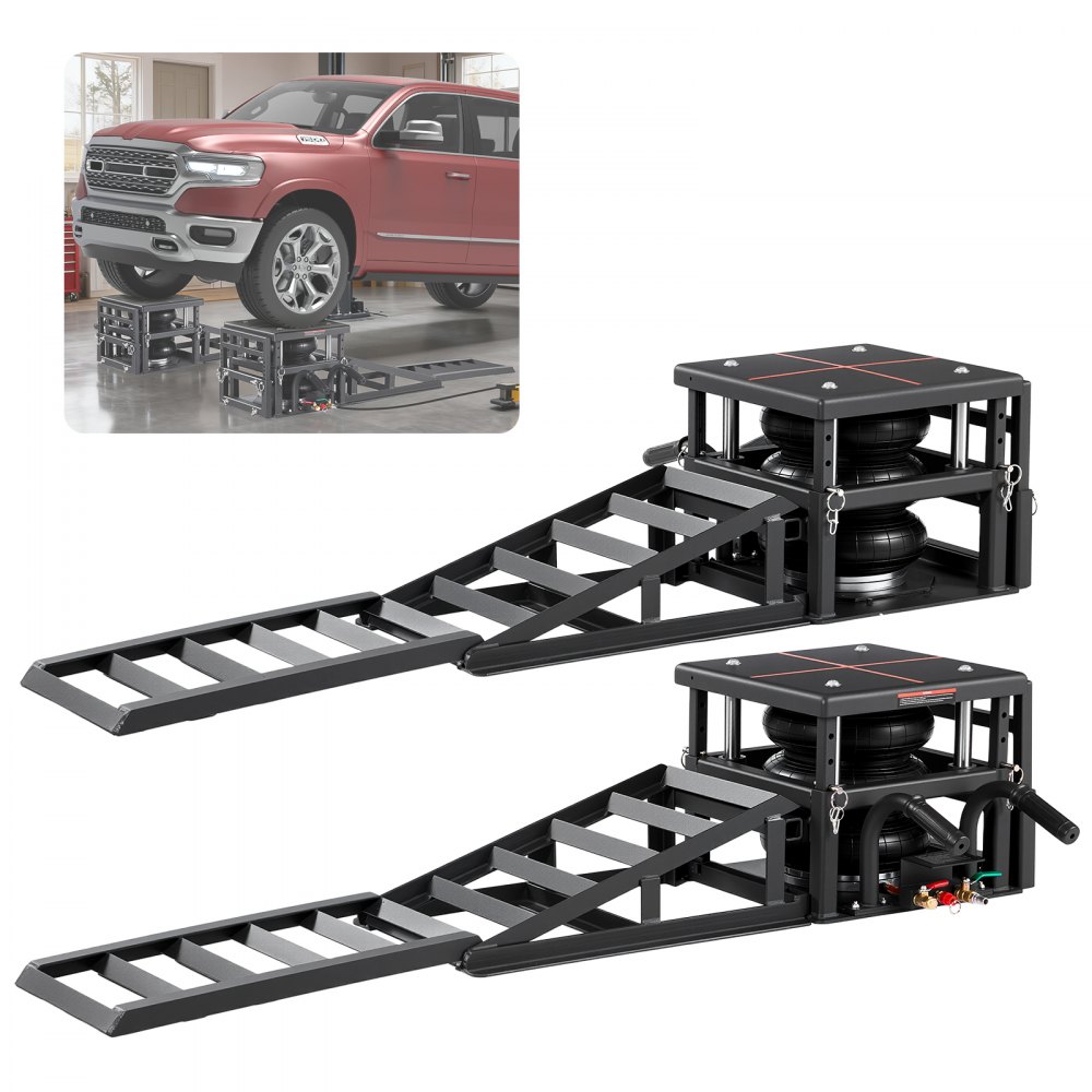 VEVOR Air tragbare Autohebebühnen 2 Stk. 5 t, max. Hubhöhe 32 cm, pneumatische Rampenheber mit Luftfederung & Radkeile & Verlängerungsrampen & erhöhte Säulen, für Limousinen SUVs Pickups