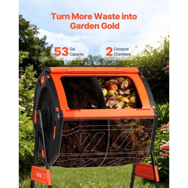 VEVOR Komposttrommel 200 L, Tumbling-Komposter Outdoor mit 2 Schiebetüren & Belüftungssystem & Doppelkammern, Kompostbehälter aus PP & Kohlenstoffstahl für Garten-, Küchen- und Hofabfälle – Bild 2