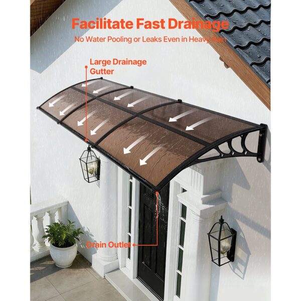 VEVOR Vordach für Haustür 965x2975 mm, Pultbogenvordach, Pultvordach mit Entwässerung & ABS-Halterung, Regen-, Schnee- & Sonnenschutz, Polycarbonat-Türüberdachung für Veranda & Terrasse, Braun – Bild 2