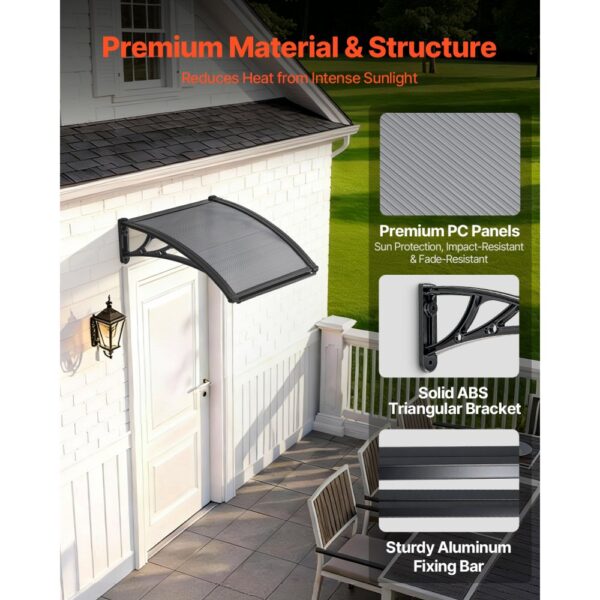 VEVOR Vordach für Haustür, 61x60 cm, Pultbogenvordach, Überdachung mit Entwässerung & ABS-Halterung, Regen-, Schnee- & Sonnenschutz, Polycarbonat-Türdach für Veranda & Terrasse, Rauchgrau – Bild 4