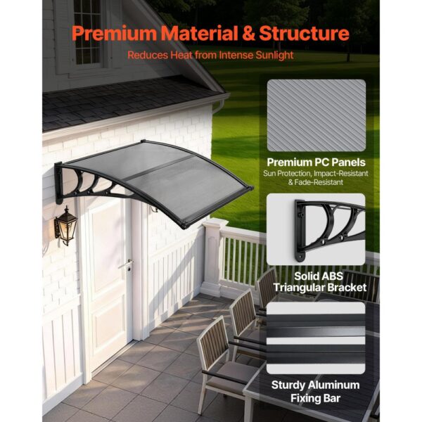 VEVOR Vordach für Haustür, 965x1017 mm, Pultbogenvordach, Überdachung mit Entwässerung & ABS-Halterung, Regen-, Schnee- & Sonnenschutz, Polycarbonat-Türdach für Veranda & Terrasse, Rauchgrau – Bild 4