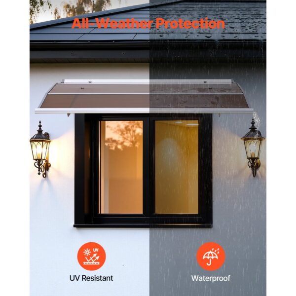 VEVOR Vordach für Haustür 120x100 cm, Pultbogenvordach, Überdachung mit Entwässerung & ABS-Halterung, Regen-, Schnee- & Sonnenschutz, Polycarbonat-Türüberdachung für Veranda & Terrasse, Braun – Bild 3