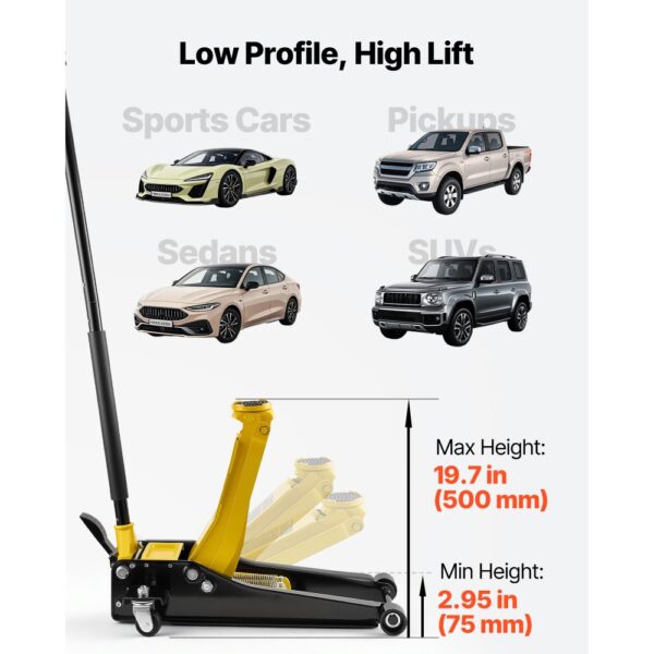 VEVOR Hydraulischer Rangierwagenheber 3 t Tragkraft, Wagenheber aus Stahl mit Doppelkolben-Schnellhubpumpe & Fußpedal, Autoheber für Sportwagen SUVs Pickups, 75-500 mm Hubbereich, Rennwagenheber – Bild 3