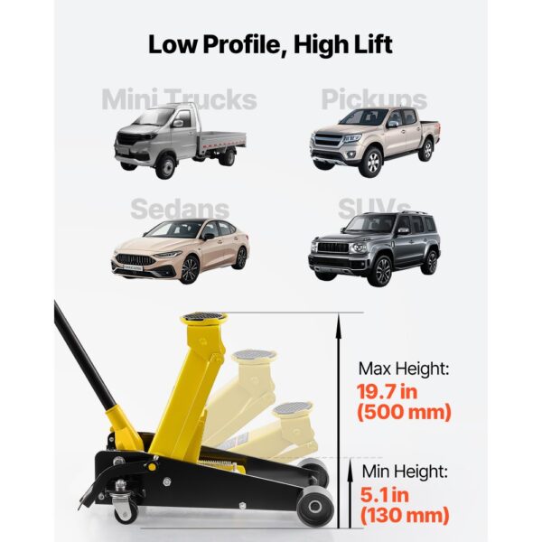 VEVOR Hydraulischer Rangierwagenheber 3 t Tragkraft, Flacher Wagenheber aus Stahl mit Einkolben-Schnellhubpumpe & Fußpedal, Autoheber für SUVs Pickups, 13 bis 50 cmHubbereich, Rennwagenheber – Bild 3