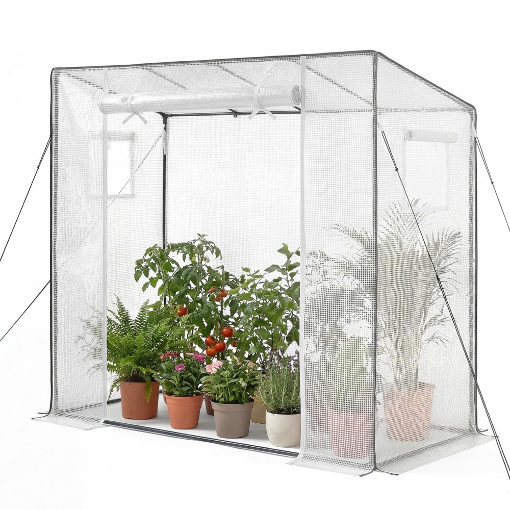 VEVOR Gewächshaus 195x77x146/168 cm, Foliengewächshaus, Tomatenhaus mit Pulverbeschichtetem Stahlrahmen, PE-Abdeckung, Aufrollbarer Reißverschlusstür & 2 Fenster, Treibhaus für Außenbereich