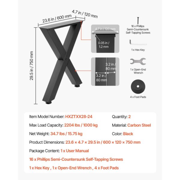 VEVOR Tischkufen 2er-Set 600x750 mm, X-Förmige Tischuntergestell 1000 kg, Tischbeine Kohlenstoffstahl, Möbelfüße, Tischgestell, Tischfüße für Schreibtische, Couchtische, Esstische, Schwarz – Bild 5 VEVOR Tischkufen 2er-Set 600x750 mm, X-Förmige Tischuntergestell 1000 kg, Tischbeine Kohlenstoffstahl, Möbelfüße, Tischgestell, Tischfüße für Schreibtische, Couchtische, Esstische, Schwarz – Bild 5