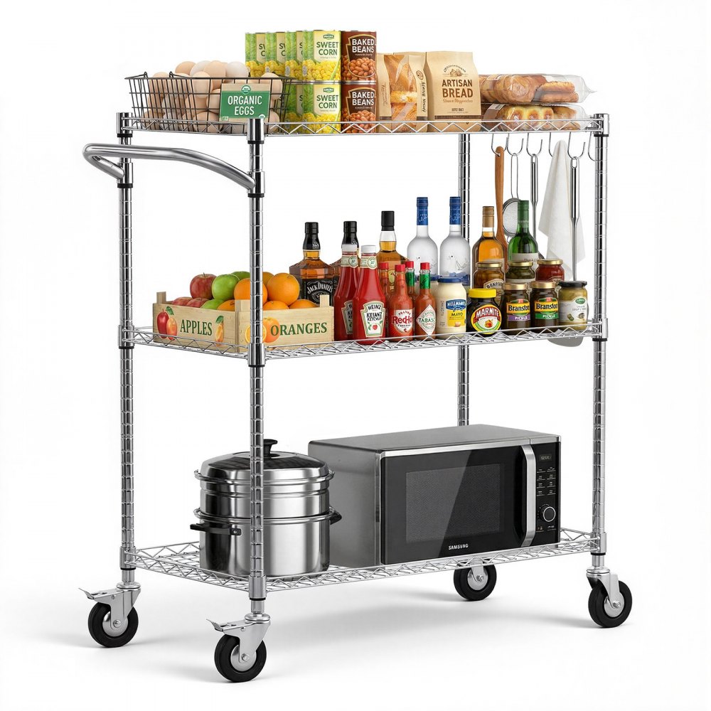 VEVOR Küchenwagen mit 3 Ebenen, Schwerlast-Servierwagen bis 300 kg, Rollwagen mit Höhenverstellbaren Drahtablagen und Griff, Metallregal auf Rollen für Küche, Garage & Waschküche, 890 x 453 x 1040 mm