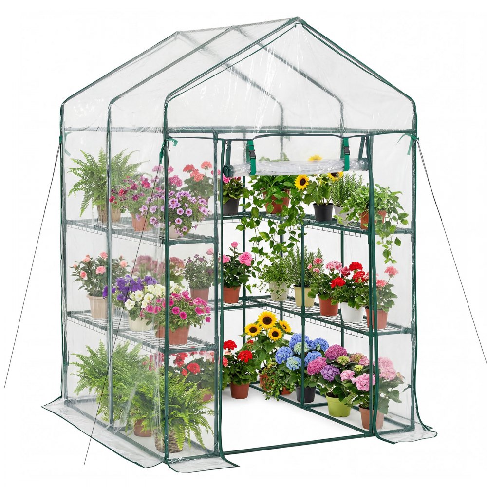 VEVOR Gewächshaus 137x137x196 cm, Foliengewächshaus, Tomatenhaus, Tomatengewächshaus mit PVC-Abdeckung, 2 Ebenen, 10 Regalböden, Aufrollbarer Reißverschlusstür, Treibhaus für Außenbereich