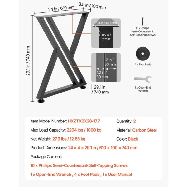 VEVOR Tischkufen 2er-Set 610x740 mm, X-Förmige Tischuntergestell 1000 kg, Tischbeine Kohlenstoffstahl, Möbelfüße, Tischgestell, Tischfüße für Schreibtische, Couchtische, Esstische, Schwarz – Bild 5