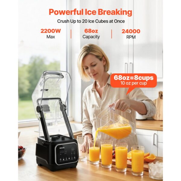 VEVOR Standmixer 2 L Smoothie Mixer mit Schutzabdeckung 2200 W Crushed Ice Maker mit Selbstreinigungsfunktion Einstellbarer Drehzahl 6 Voreingestellte Programme Smoothies Eiscrushing Pürees Schwarz – Bild 2