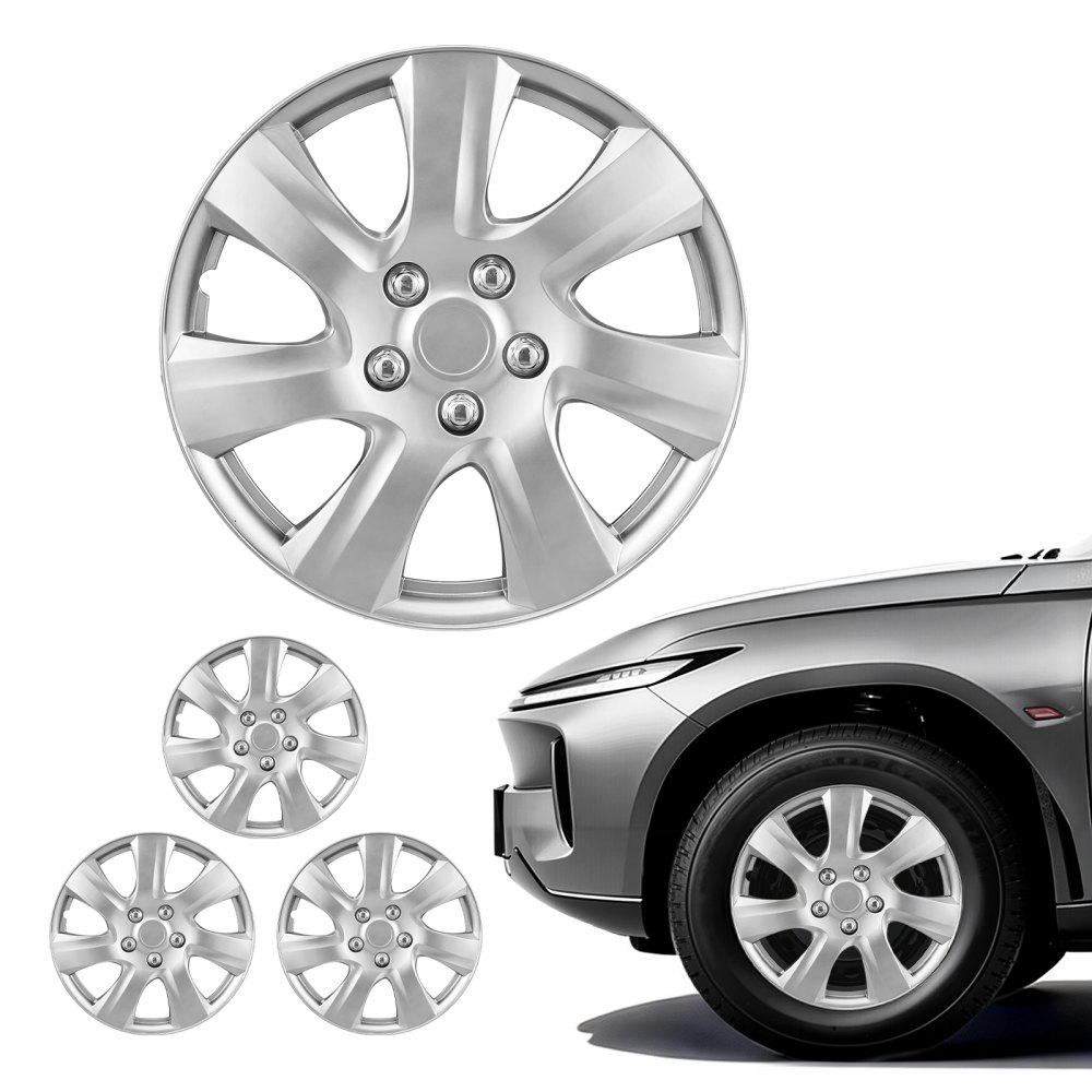 VEVOR 4x Universale Radkappen 16 Zoll, Radzierblenden 4er Set aus ABS Kunststoff, Verstellbare Radblenden mit 7 Speichen & Snap-On-Montage Design, R16 Radabdeckungen für Deko & Daubschutz, Silber