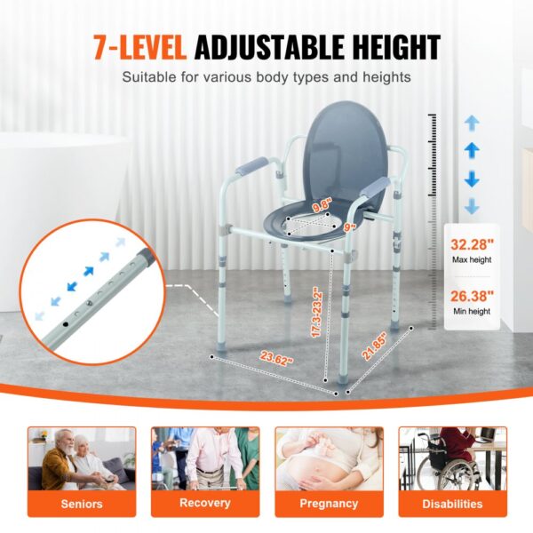VEVOR Toilettenstuhl, Nachtkommode mit Breiterem Toilettensitz, 7-stufig Höhenverstellbar 44-59 cm, Abnehmbarer 5,8-Liter-Eimer, Einfach zu Montieren, 158,8 kg Kapazität, Erhöhter Toilettensitz – Bild 4