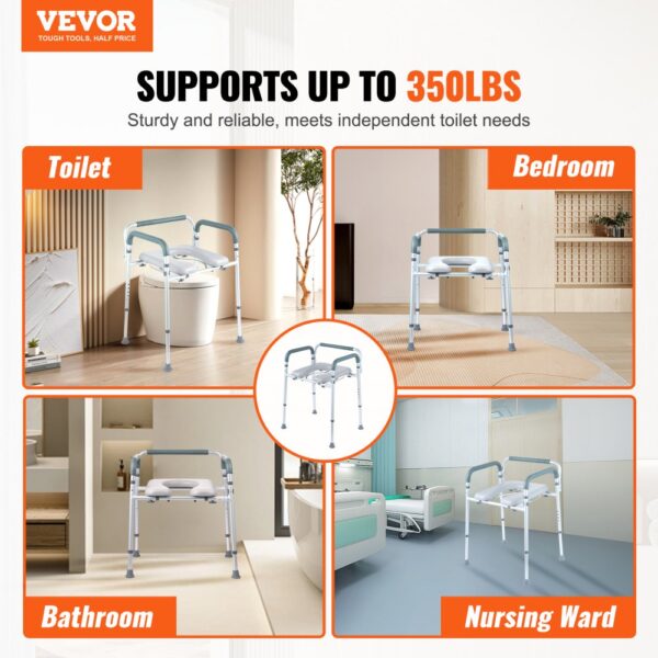 VEVOR Toilettenstuhl Nachtstuhl mit Gepolsterter Sitzfläche & Armlehnen, 7-stufig höhenverstellbar, 5,8 L Abnehmbarer Eimer, Einfach zu Montieren, 158 kg Fassungsvermögen, Erhöhter Toilettensitz – Bild 2