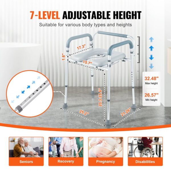 VEVOR Toilettenstuhl Nachtstuhl mit Gepolsterter Sitzfläche & Armlehnen, 7-stufig höhenverstellbar, 5,8 L Abnehmbarer Eimer, Einfach zu Montieren, 158 kg Fassungsvermögen, Erhöhter Toilettensitz – Bild 4