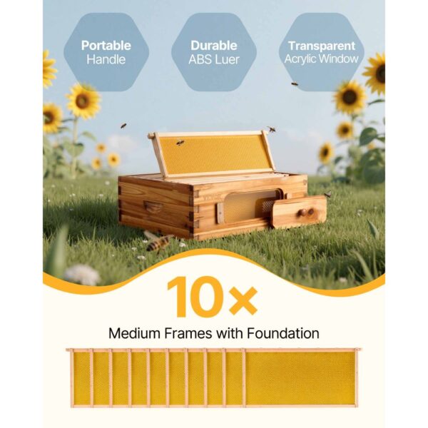 VEVOR Bienenstock-Starterset, mittlere Box, 100 % mit Bienenwachs beschichtetes natürliches Tannenholz, Langstroth-Bienenstock-Set mit 10 Rahmen und Mittelwänden, transparente Bienenfenster aus Acryl – Bild 2
