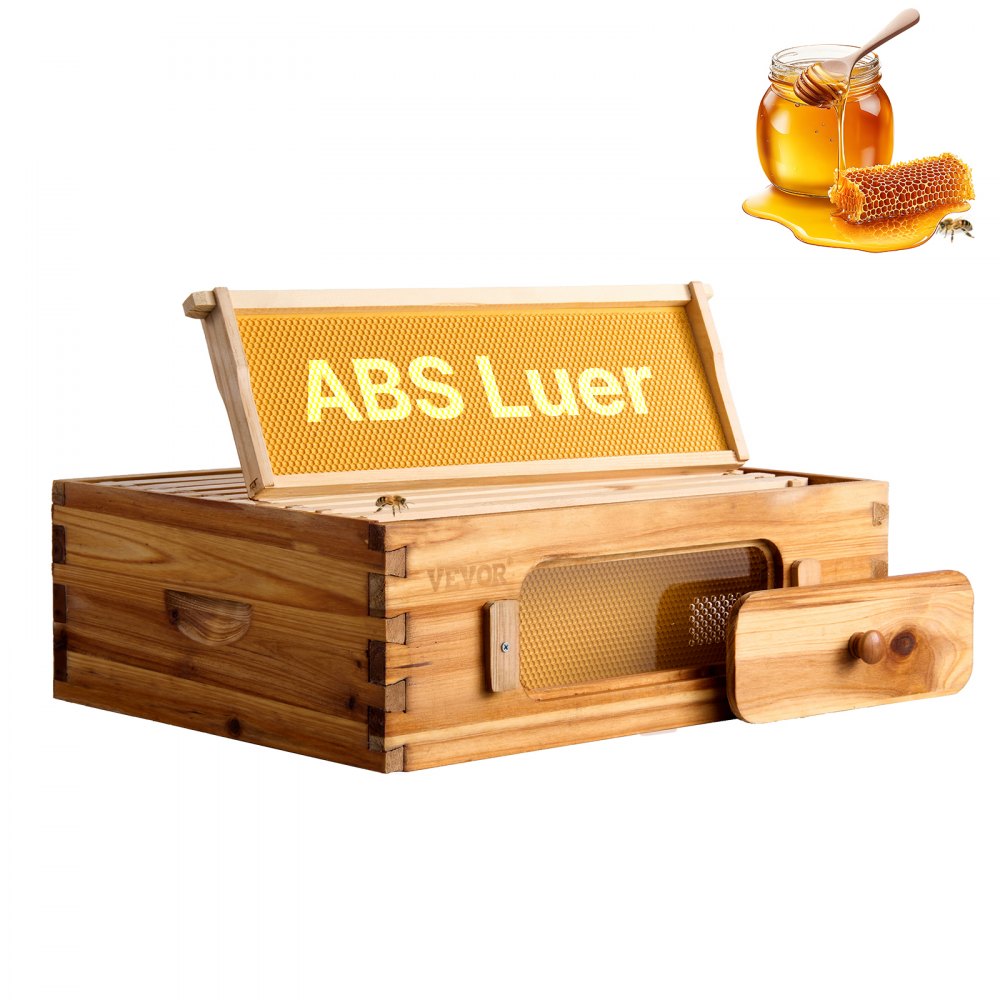 VEVOR Bienenstock-Starterset, mittlere Box, 100 % mit Bienenwachs beschichtetes natürliches Tannenholz, Langstroth-Bienenstock-Set mit 10 Rahmen und Mittelwänden, transparente Bienenfenster aus Acryl