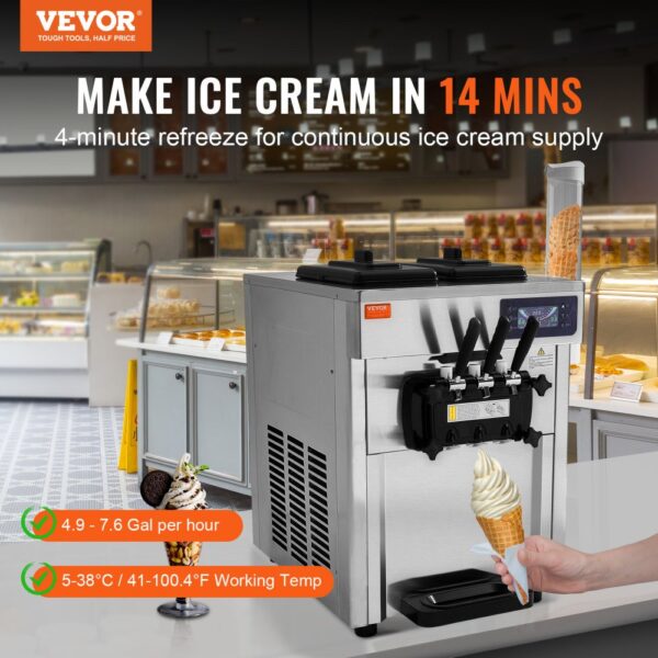 VEVOR Kommerzielle Eismaschine 18–28 L/h, 3 Geschmacksrichtungen, Italienische Eismaschine, 2 x 5,5 L Trichter, LCD-Panel, Automatische Vorkühlung, Reinigung, für Joghurt, Kaffee, Snackbar, Restaurant – Bild 2
