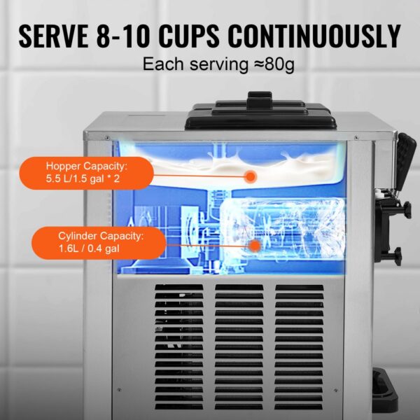 VEVOR Kommerzielle Eismaschine 18–28 L/h, 3 Geschmacksrichtungen, Italienische Eismaschine, 2 x 5,5 L Trichter, LCD-Panel, Automatische Vorkühlung, Reinigung, für Joghurt, Kaffee, Snackbar, Restaurant – Bild 4