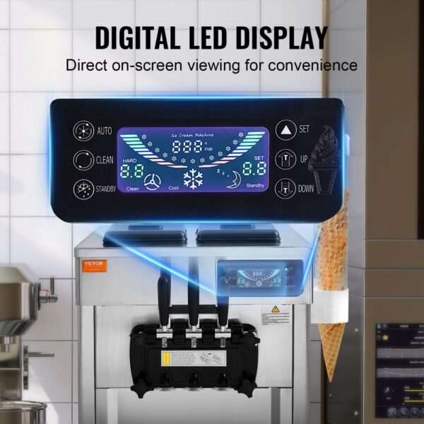 VEVOR Kommerzielle Eismaschine 18–28 L/h, 3 Geschmacksrichtungen, Italienische Eismaschine, 2 x 5,5 L Trichter, LCD-Panel, Automatische Vorkühlung, Reinigung, für Joghurt, Kaffee, Snackbar, Restaurant – Bild 5