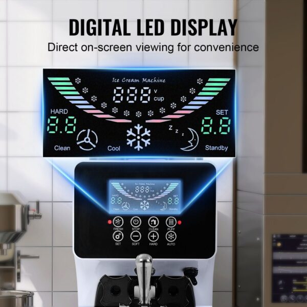 VEVOR Kommerzielle Speiseeisbereiter 10 L/h 4 L 900 W Softeismaschine Weiß für Eisdielen, Cafés, Hotels & Hamburger-Laden, Ein-Geschmack, 4-L-Trichter, 1,6-L-Zylinder, LCD-Bildschirm, Vorkühlung – Bild 5