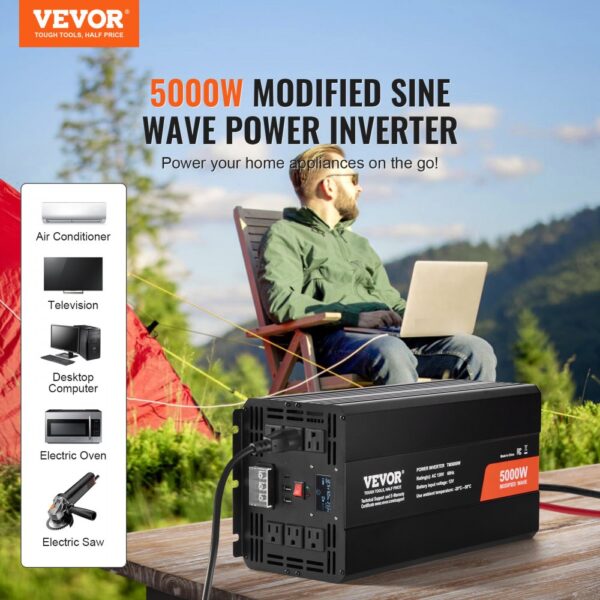 VEVOR Sinus-Wechselrichter 5000 W DC 12 V auf AC 230 V Wechselrichter mit 2 AC-Steckdosen 2 USB-Anschlüssen 1 Typ-C-Anschluss LCD-Display und Fernbedienung für Haushaltsgeräte mit hoher Belastung – Bild 2