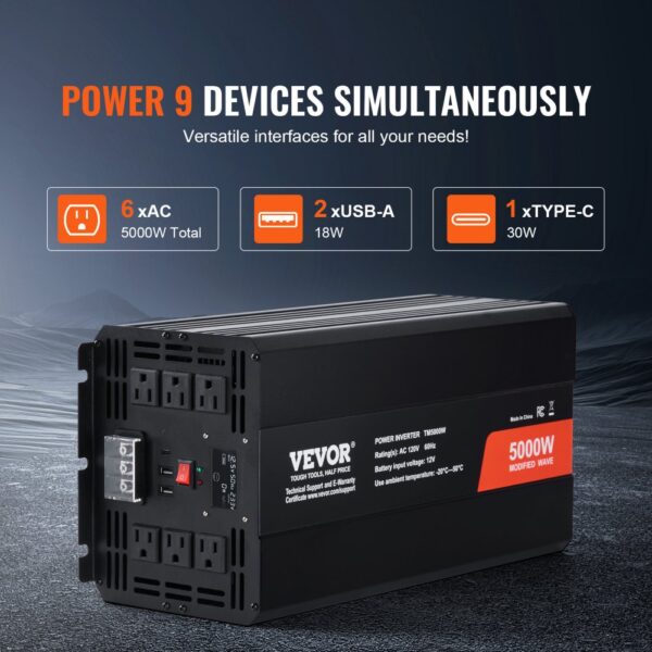 VEVOR Sinus-Wechselrichter 5000 W DC 12 V auf AC 230 V Wechselrichter mit 2 AC-Steckdosen 2 USB-Anschlüssen 1 Typ-C-Anschluss LCD-Display und Fernbedienung für Haushaltsgeräte mit hoher Belastung – Bild 3
