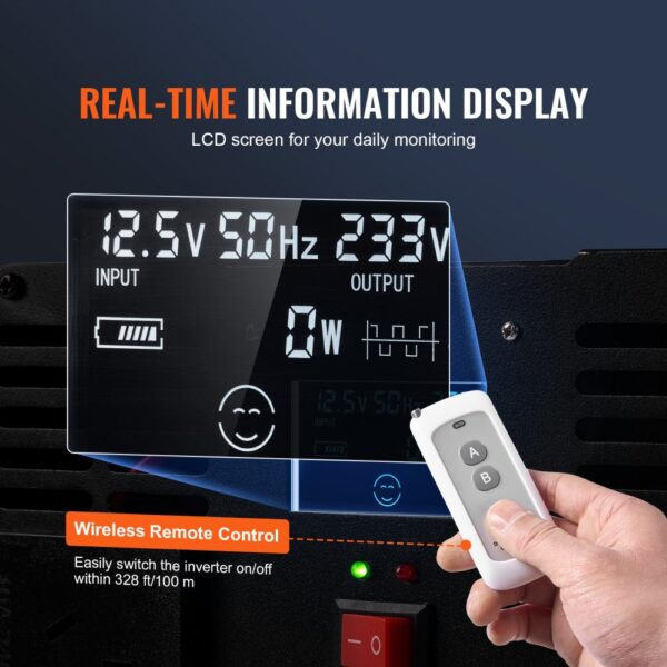 VEVOR Sinus-Wechselrichter 5000 W DC 12 V auf AC 230 V Wechselrichter mit 2 AC-Steckdosen 2 USB-Anschlüssen 1 Typ-C-Anschluss LCD-Display und Fernbedienung für Haushaltsgeräte mit hoher Belastung – Bild 4