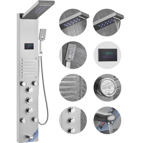 VEVOR Duschpaneelsystem, 6 Duschmodi, LED- und Bildschirm-Wasserkraft-Duschpaneelturm, Regenfall, Wasserfall, 5 Massagedüsen, Wannenauslauf, Handbrause, wandmontiertes Duschset aus Edelstahl