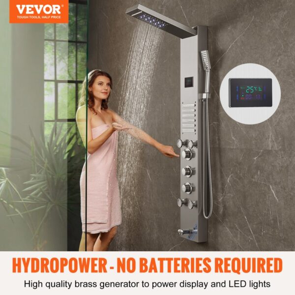 VEVOR Duschpaneelsystem, 6 Duschmodi, LED- und Bildschirm-Wasserkraft-Duschpaneelturm, Regenfall, Wasserfall, 5 Massagedüsen, Wannenauslauf, Handbrause, wandmontiertes Duschset aus Edelstahl – Bild 2