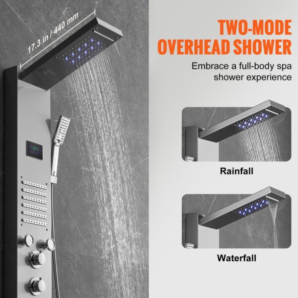 VEVOR Duschpaneelsystem, 6 Duschmodi, LED- und Bildschirm-Wasserkraft-Duschpaneelturm, Regenfall, Wasserfall, 5 Massagedüsen, Wannenauslauf, Handbrause, wandmontiertes Duschset aus Edelstahl – Bild 3