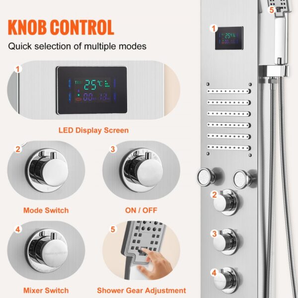 VEVOR Duschpaneelsystem, 6 Duschmodi, LED- und Bildschirm-Wasserkraft-Duschpaneelturm, Regenfall, Wasserfall, 5 Massagedüsen, Wannenauslauf, Handbrause, wandmontiertes Duschset aus Edelstahl – Bild 5