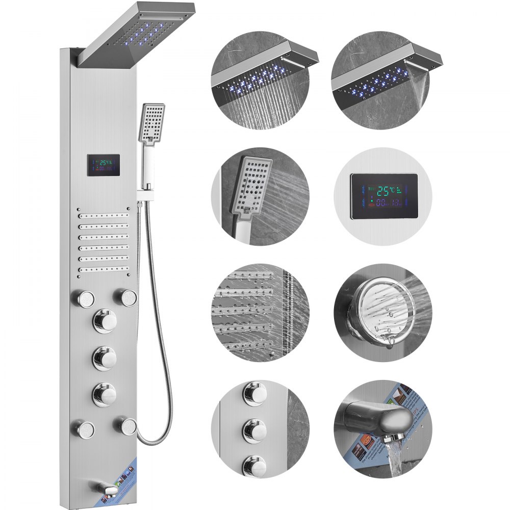 VEVOR Duschpaneelsystem, 6 Duschmodi, LED- und Bildschirm-Wasserkraft-Duschpaneelturm, Regenfall, Wasserfall, 5 Massagedüsen, Wannenauslauf, Handbrause, wandmontiertes Duschset aus Edelstahl