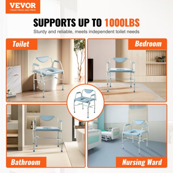 VEVOR Toilettenstuhl Nachtkommode mit Herunterklappbaren Armen und Abnehmbarer Rückenlehne, 5-stufig Höhenverstellbar 50-62 cm, Abnehmbarer 7-Liter-Eimer, Einfach zu Montieren, 453,6 kg Kapazität – Bild 2