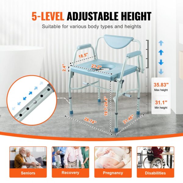 VEVOR Toilettenstuhl Nachtkommode mit Herunterklappbaren Armen und Abnehmbarer Rückenlehne, 5-stufig Höhenverstellbar 50-62 cm, Abnehmbarer 7-Liter-Eimer, Einfach zu Montieren, 453,6 kg Kapazität – Bild 4
