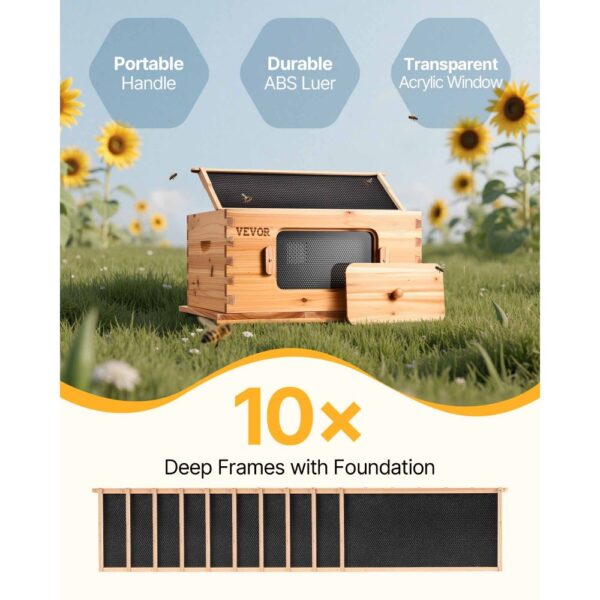 VEVOR Bienenstock-Starterset mit tiefer Box, 100 % mit Bienenwachs beschichtetes natürliches Tannenholz, Zander Beute mit 10 Rahmen und Fundamenten, transparente Bienenfenster aus Acryl – Bild 2
