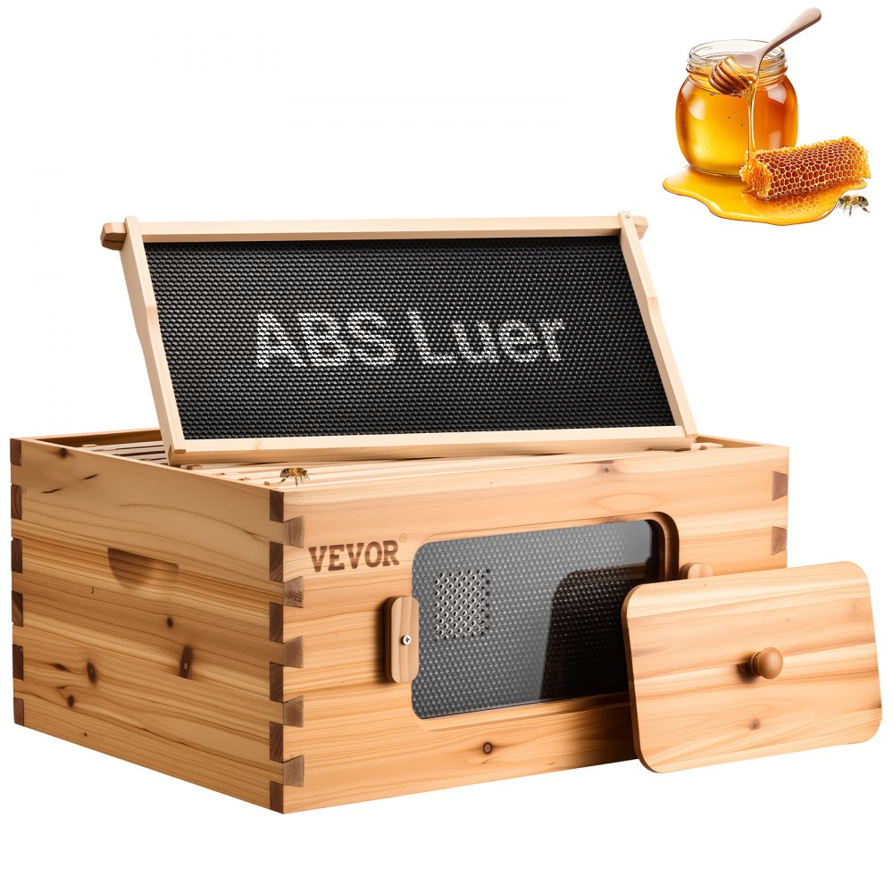 VEVOR Bienenstock-Starterset mit tiefer Box, 100 % mit Bienenwachs beschichtetes natürliches Tannenholz, Zander Beute mit 10 Rahmen und Fundamenten, transparente Bienenfenster aus Acryl