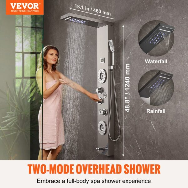 VEVOR Duschpaneelsystem, 6 Duschmodi, LED- und Display-Duschpaneelturm, Regenfall, Wasserfall, 4 Körpermassagedüsen, Wannenauslauf, Handbrause, 150 cm Schlauch, Wandmontiertes Duschset – Bild 2