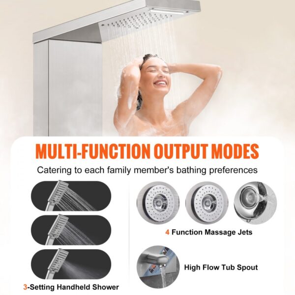 VEVOR Duschpaneelsystem, 6 Duschmodi, LED- und Display-Duschpaneelturm, Regenfall, Wasserfall, 4 Körpermassagedüsen, Wannenauslauf, Handbrause, 150 cm Schlauch, Wandmontiertes Duschset – Bild 3