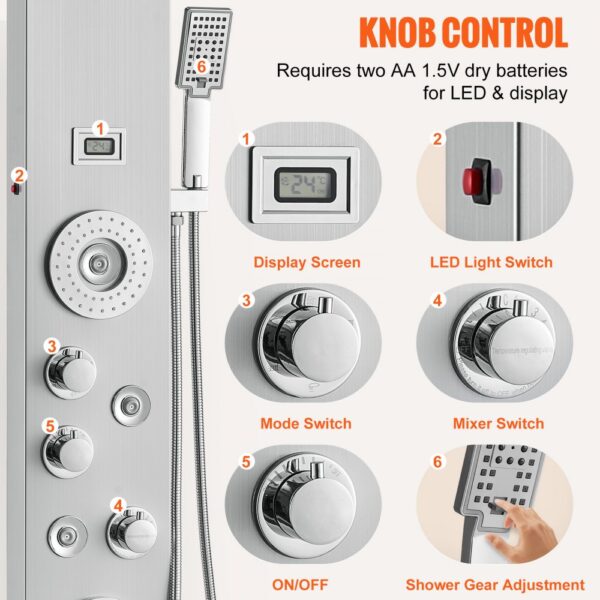 VEVOR Duschpaneelsystem, 6 Duschmodi, LED- und Display-Duschpaneelturm, Regenfall, Wasserfall, 4 Körpermassagedüsen, Wannenauslauf, Handbrause, 150 cm Schlauch, Wandmontiertes Duschset – Bild 5