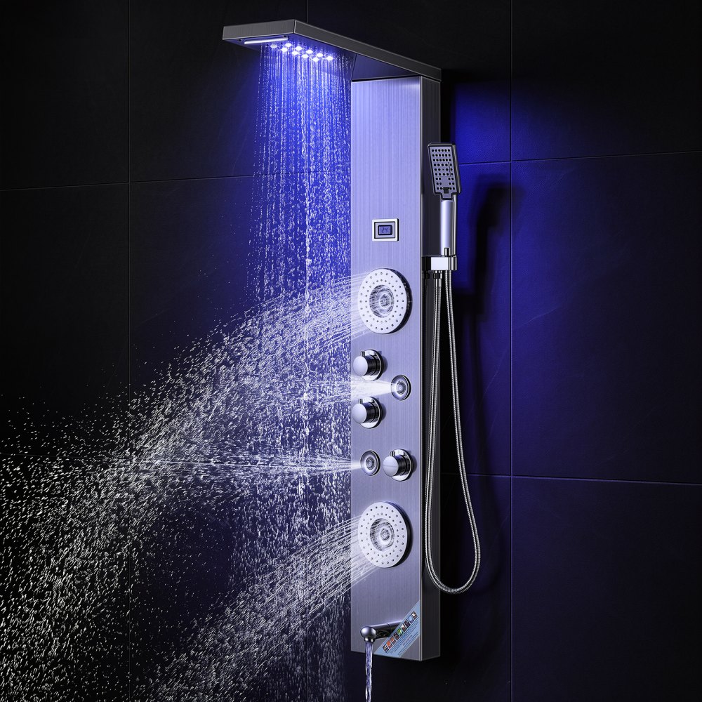 VEVOR Duschpaneelsystem, 6 Duschmodi, LED- und Display-Duschpaneelturm, Regenfall, Wasserfall, 4 Körpermassagedüsen, Wannenauslauf, Handbrause, 150 cm Schlauch, Wandmontiertes Duschset