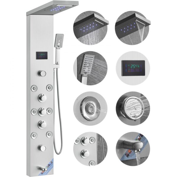 VEVOR Duschpaneelsystem, 6 Duschmodi, LED- und Bildschirm-Wasserkraft-Duschpaneelturm, Regenfall, Wasserfall, 8 Massagedüsen, Wannenauslauf, Handbrause, Wandduschset aus Edelstahl