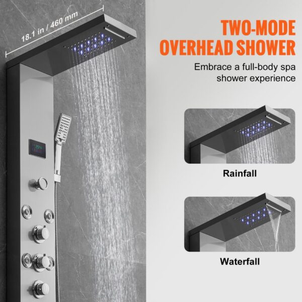 VEVOR Duschpaneelsystem, 6 Duschmodi, LED- und Bildschirm-Wasserkraft-Duschpaneelturm, Regenfall, Wasserfall, 8 Massagedüsen, Wannenauslauf, Handbrause, Wandduschset aus Edelstahl – Bild 3