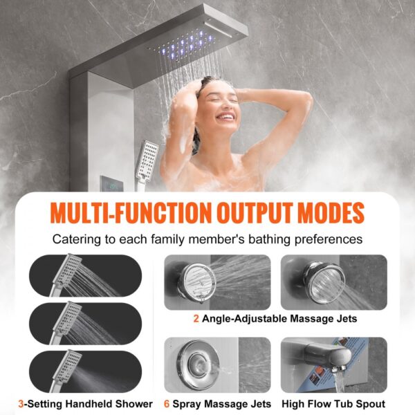 VEVOR Duschpaneelsystem, 6 Duschmodi, LED- und Bildschirm-Wasserkraft-Duschpaneelturm, Regenfall, Wasserfall, 8 Massagedüsen, Wannenauslauf, Handbrause, Wandduschset aus Edelstahl – Bild 4