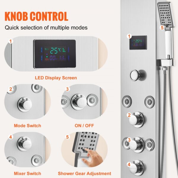 VEVOR Duschpaneelsystem, 6 Duschmodi, LED- und Bildschirm-Wasserkraft-Duschpaneelturm, Regenfall, Wasserfall, 8 Massagedüsen, Wannenauslauf, Handbrause, Wandduschset aus Edelstahl – Bild 5