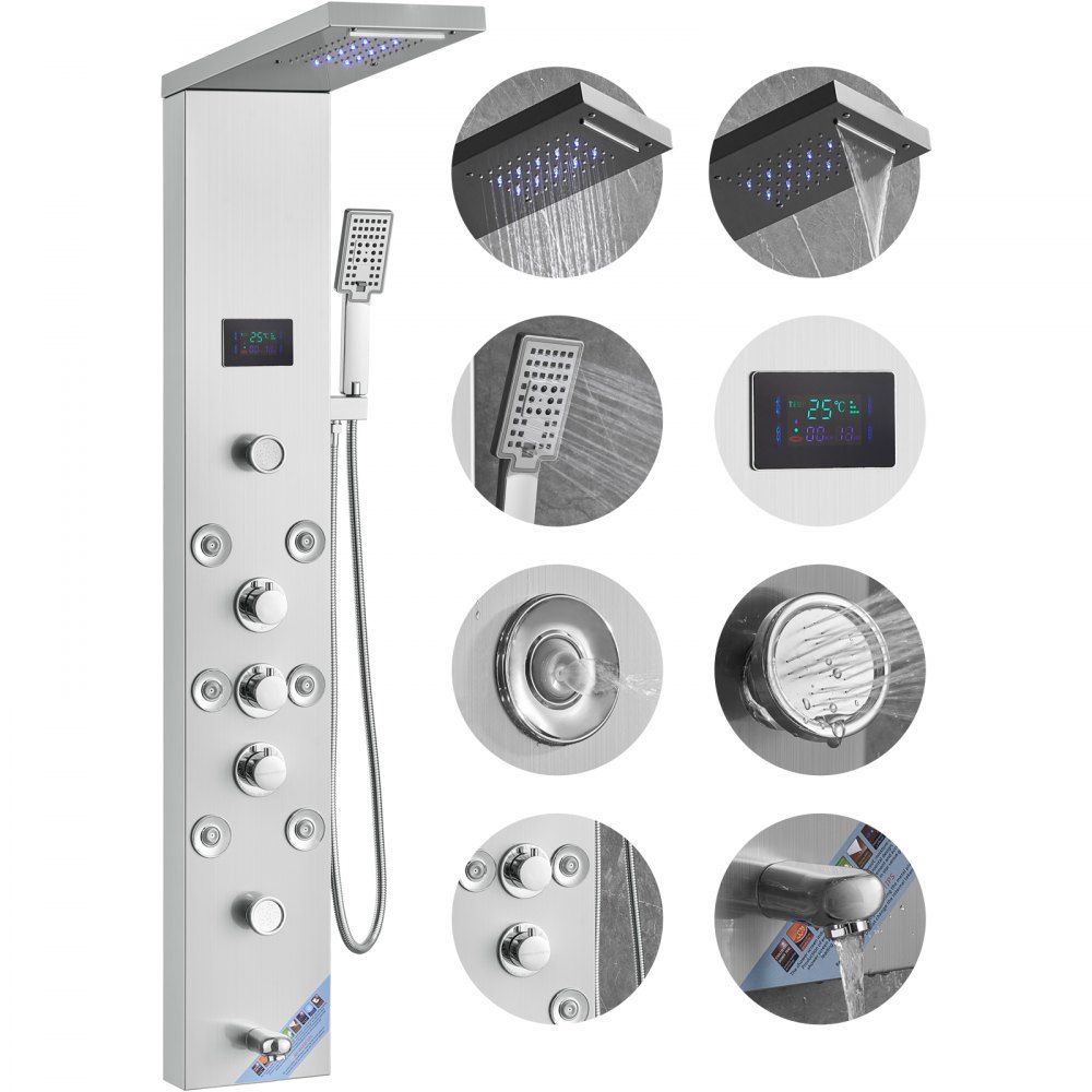 VEVOR Duschpaneelsystem, 6 Duschmodi, LED- und Bildschirm-Wasserkraft-Duschpaneelturm, Regenfall, Wasserfall, 8 Massagedüsen, Wannenauslauf, Handbrause, Wandduschset aus Edelstahl