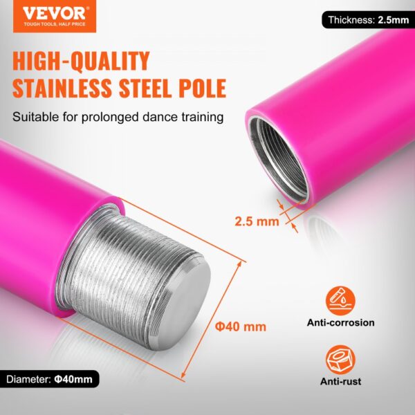 VEVOR Professionelle Tanzstange, Pole Dance Tragbare Tanzstange Profi ca. 216,3-270 cm Höhenverstellbare Abnehmbare Fitnessstange Spinning Fitness Pink, Statische Tanzstange Fitnessstudios – Bild 2