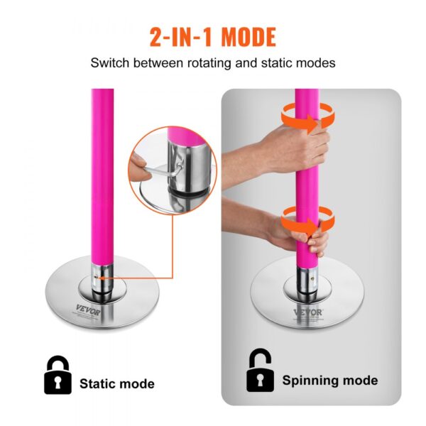 VEVOR Professionelle Tanzstange, Pole Dance Tragbare Tanzstange Profi ca. 216,3-270 cm Höhenverstellbare Abnehmbare Fitnessstange Spinning Fitness Pink, Statische Tanzstange Fitnessstudios – Bild 3