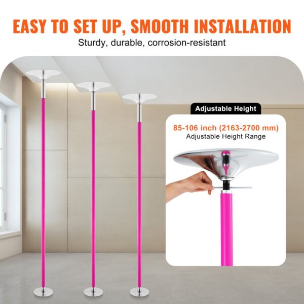 VEVOR Professionelle Tanzstange, Pole Dance Tragbare Tanzstange Profi ca. 216,3-270 cm Höhenverstellbare Abnehmbare Fitnessstange Spinning Fitness Pink, Statische Tanzstange Fitnessstudios – Bild 5