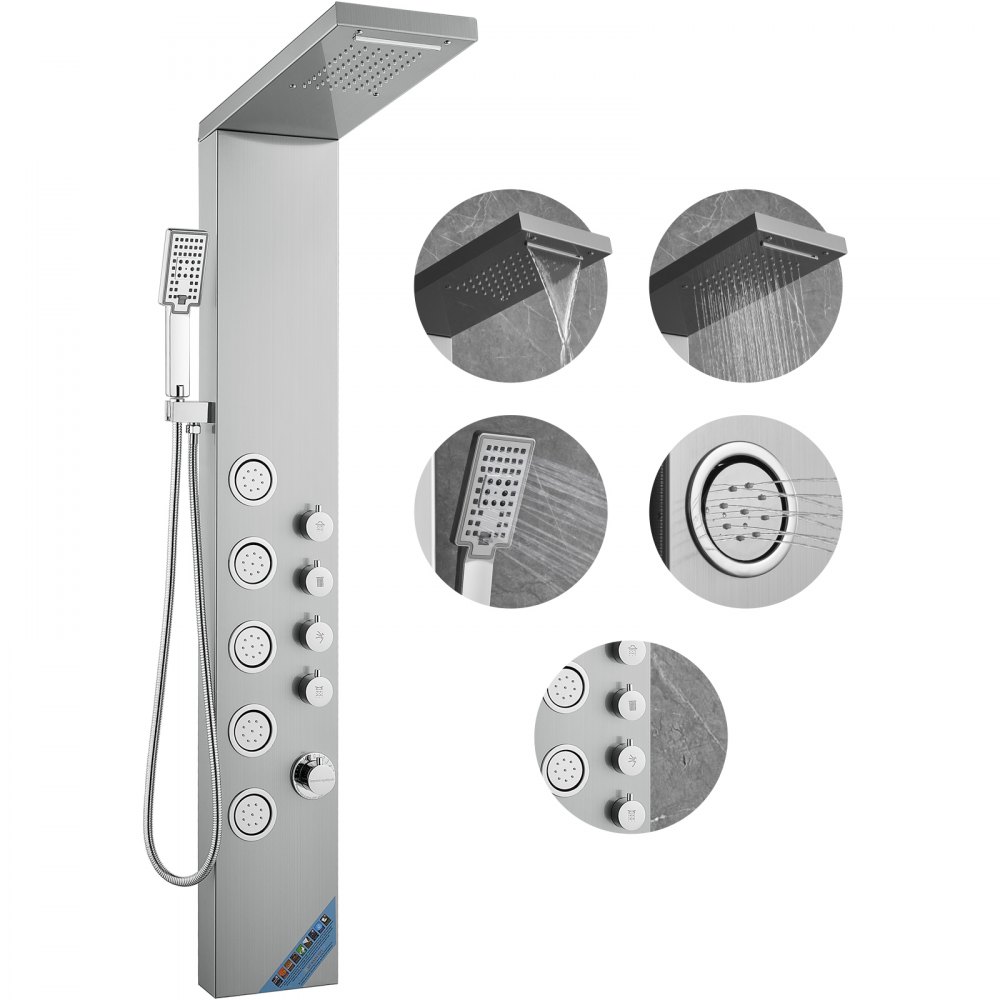 VEVOR Duschsäule Duschsystem Duscharmatur, 4 Duschmodi, Duschset, Regenfall, Wasserfall, 5 Ganzkörpermassagedüsen und Handbrause mit 3 Einstellungen und 1,5 mSchlauch, Wandduschset aus Edelstahl